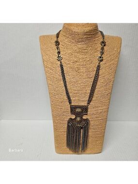 Vintage 70s Etruscan-style Medallion, Multi Gold/Silver Strand Tassel Necklace